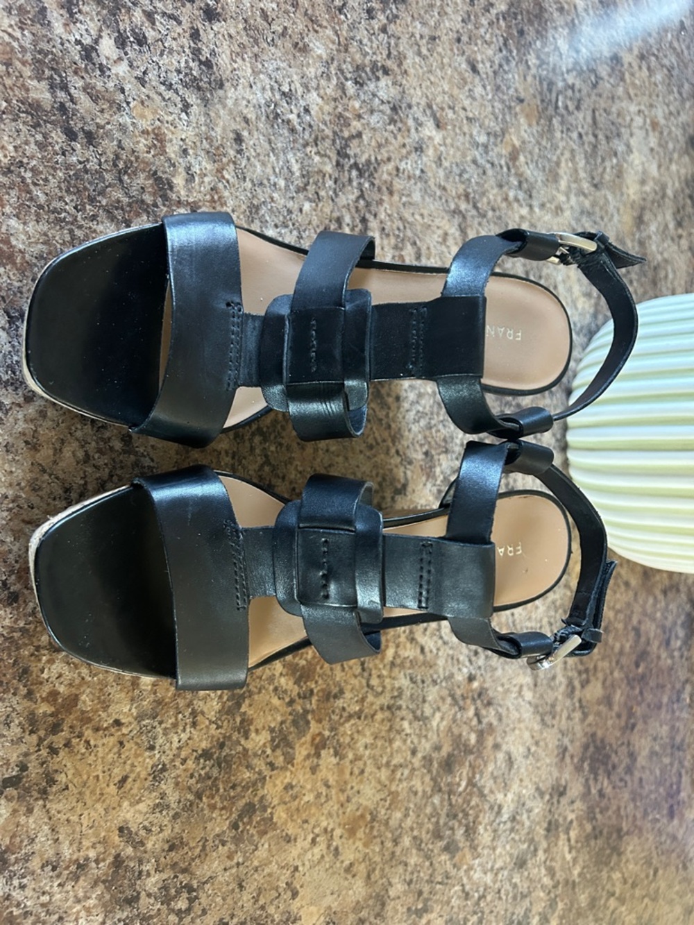 Franco Sarto Black Leather Strappy Cork Heel Sandals